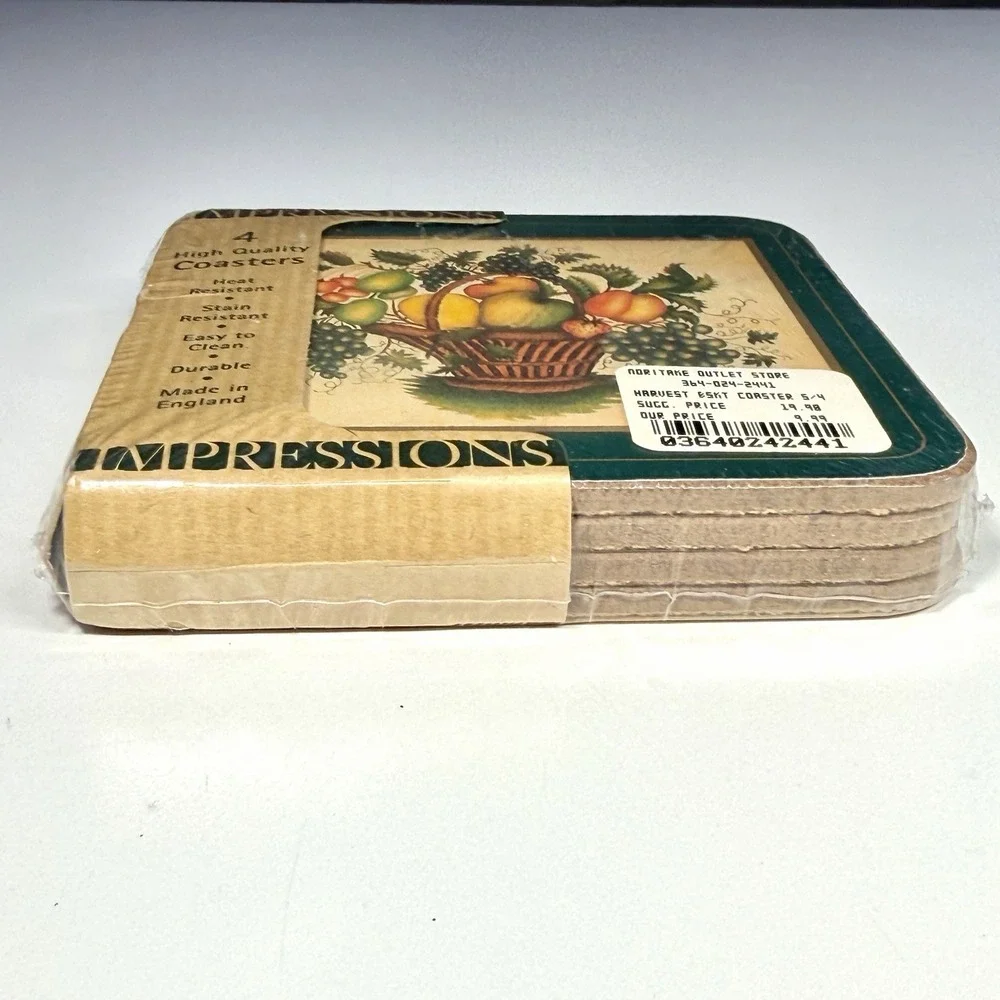 VTG 1990's Impressions Harvest Basket Coaster Set Hardboard Fall Cottagecore NOS